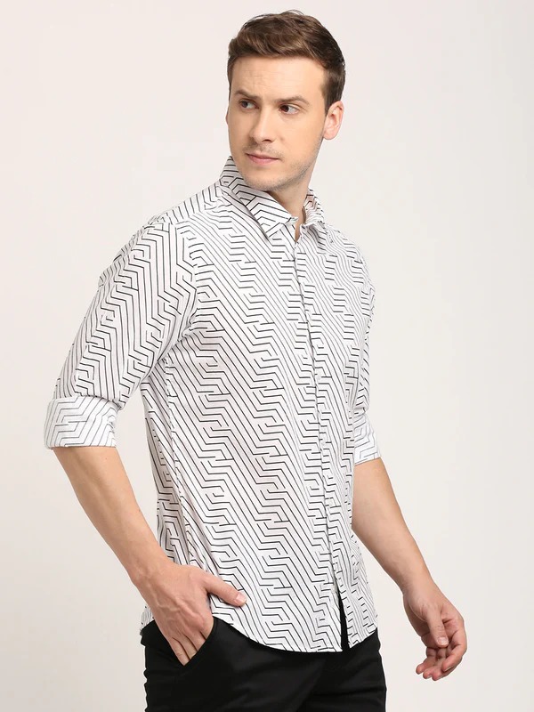 Indian Terrain Men's Slim Fit Full Sleeve All Over Print White Shirt